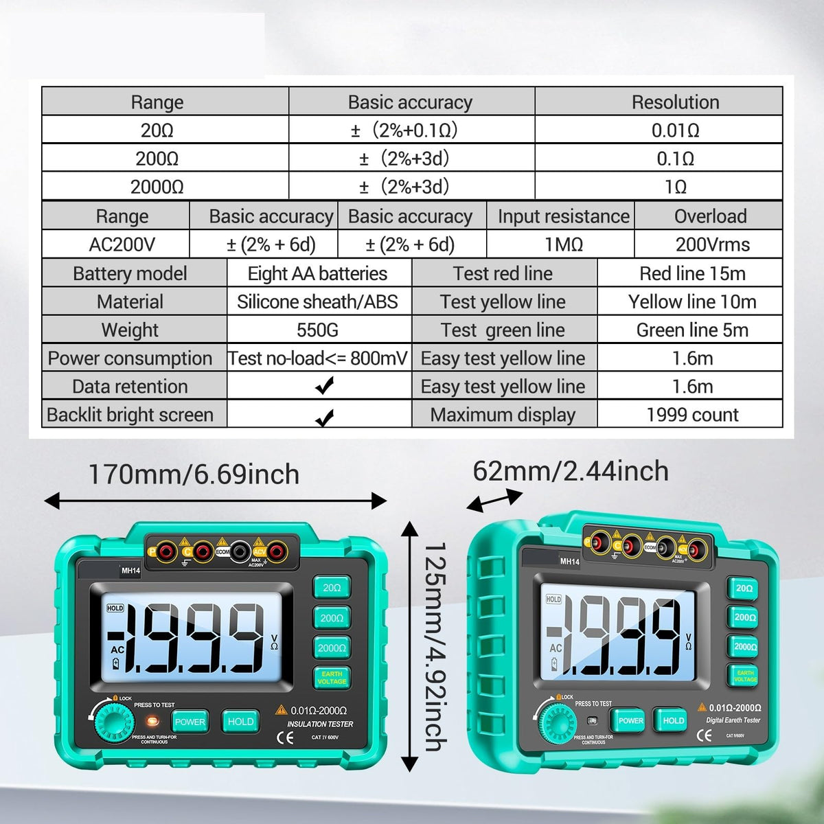 MH14 Electrical Insulation Ground Resistance Tester 1999 Count Digital Grounding Voltage Measuring Meter