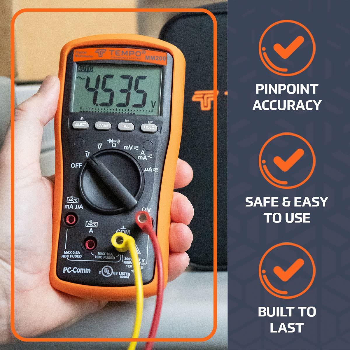 TEMPO Communications MM200 Digital Multimeter, Multi Meter AC/DC Voltage, Current, Frequency, Resistance, Check Diodes, Verify Continuity