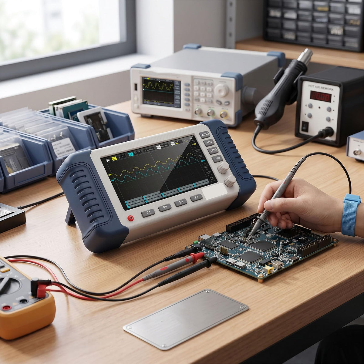 Zunate 3 in 1 Oscilloscope Multimeter Signal Generator, 100MHz Bandwidth Sampling Rate with 7 Inch Touch Screen and 2 Channels for Testing Electronic Tasks