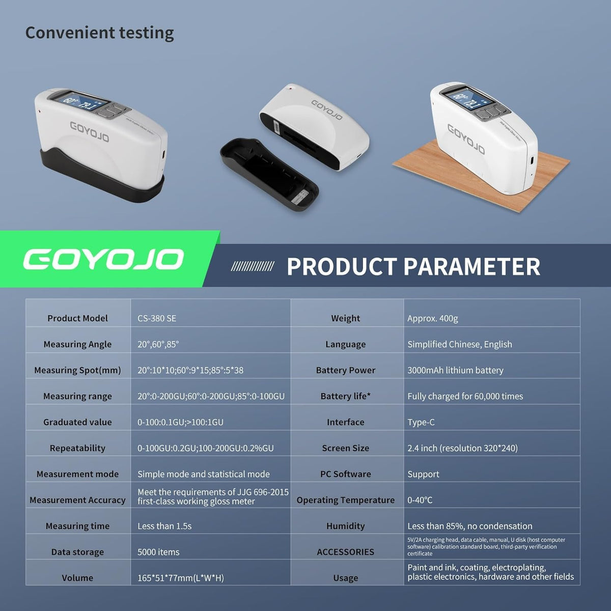 GOYOJO Three Angles Gloss Meter 20º 60º 85º Precision Glossmeters with Calibration Board, for Measure Stone, Paint, Ink, Marble, Floors, USB Interface Storage High End QC Software 5000 Data 0-200Gu