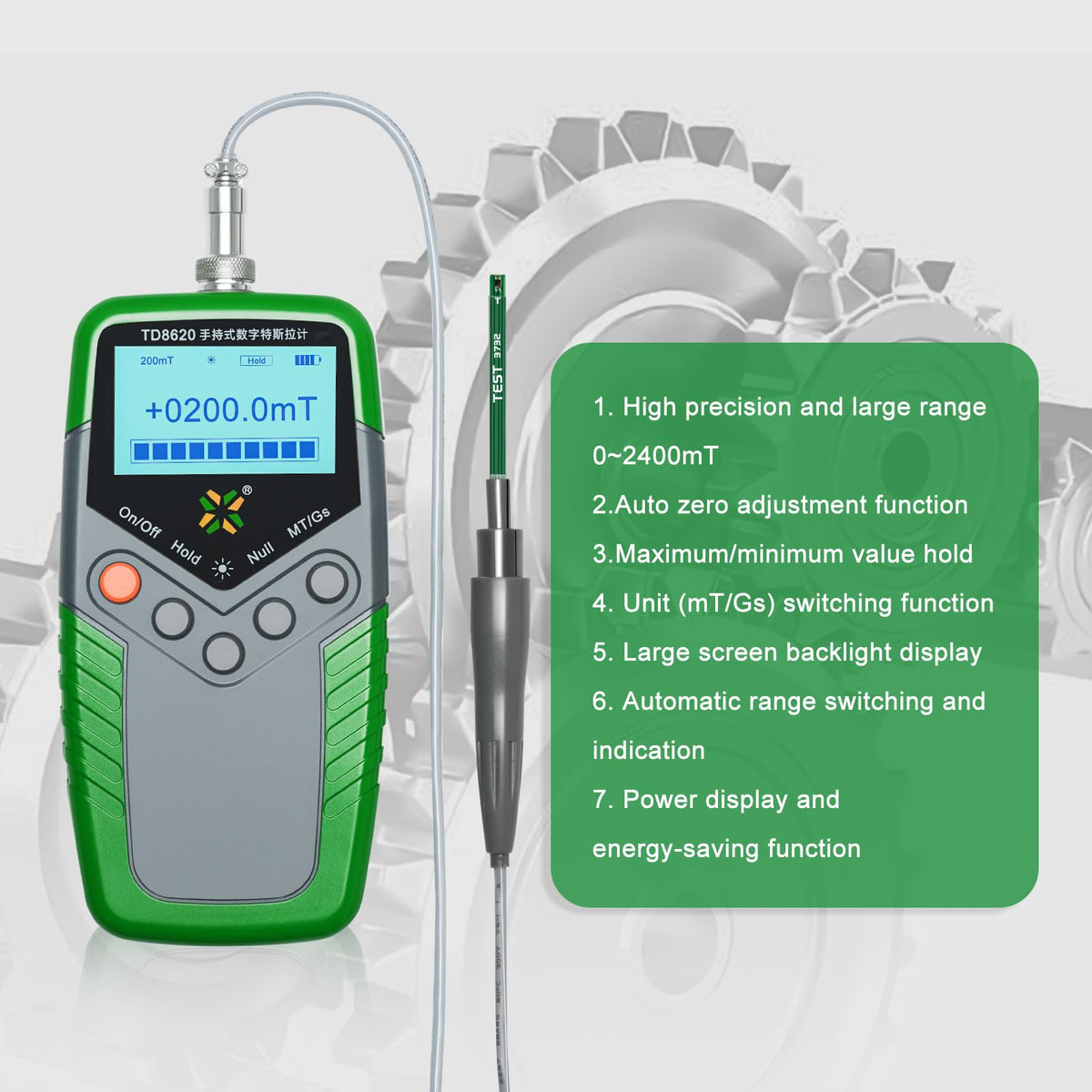 Gauss Meter Tesla Magneto Meter (2400mT/24000Gs), Magnetic Field Strength & N/S Recognition Function, ±1% Accuracy for Factories, Workshops