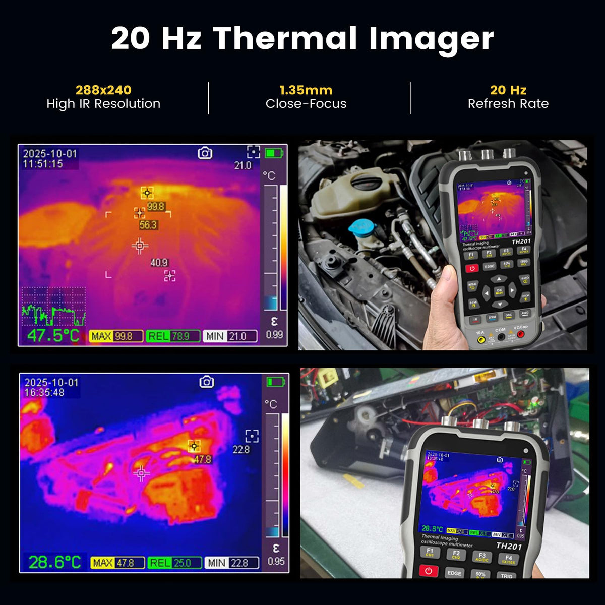 4-in-1 Handheld Oscilloscope with Thermal Imaging, 70MHz 200MSa/s Dual-Channel Digital Scope, 19999 Counts True RMS Multimeter, DDS Signal Generator,CAT II 1000V for Automotive Audio Power Electronics