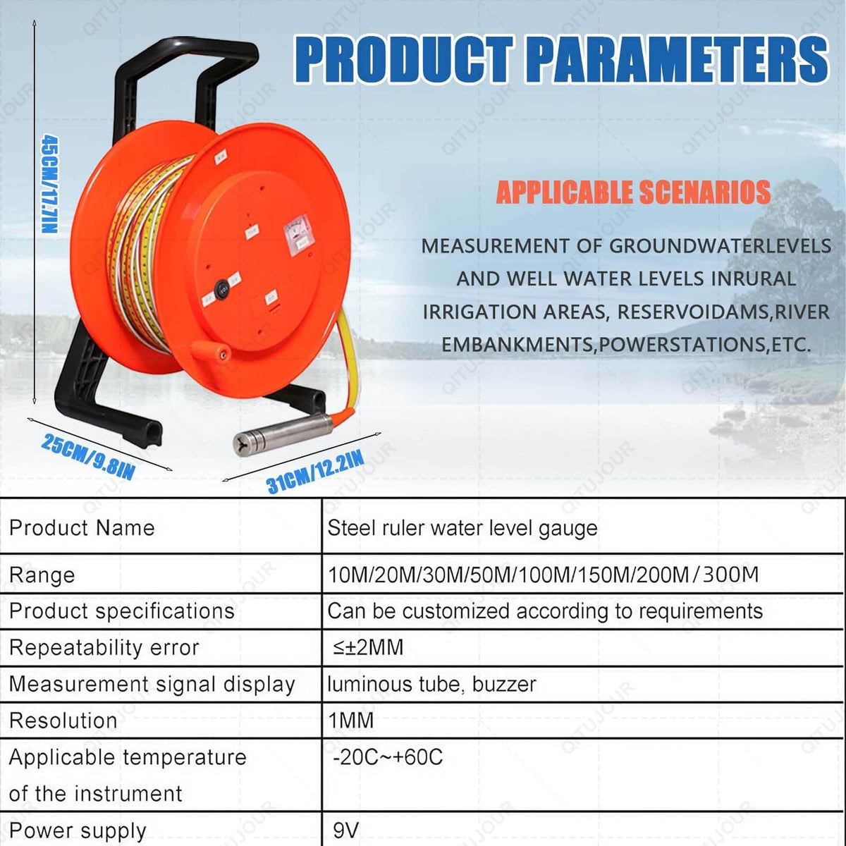 Water Level Meter for Wells, Boreholes, Reservoirs & Pipes, Accurate Measurement Gauge with Fixed Probe and Steel Tape(50m/164ft)