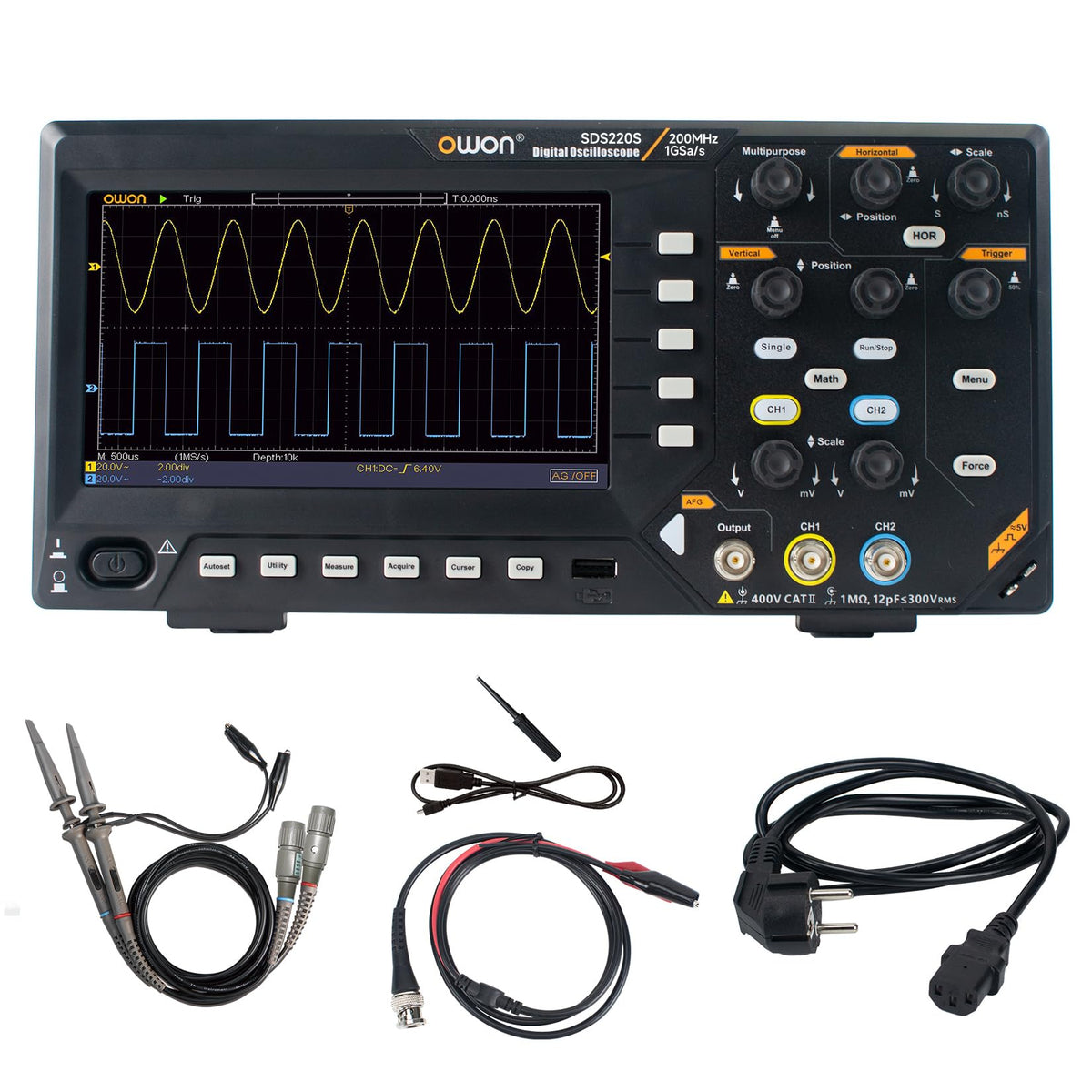 OWON Digital Oscilloscope with Dual-Channel Channels and Screen 7 inch, TFT-LCD Display, Portable Oscilloscope with 1GS/s Sampling Rate, Bandwidth 200MH,8K Waveform Length,SDS220S