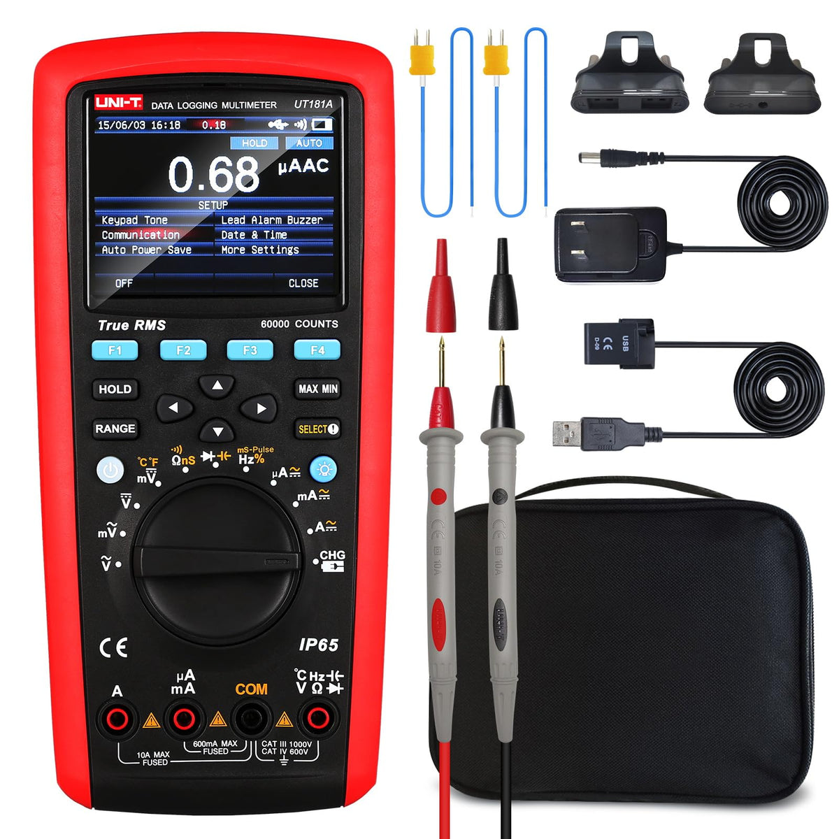UNI-T True RMS Data Logging Multimeter UT181A with Dual Temperature Measurement Low Pass Filter nS Conductance Trend Capture AC DC Voltage Current Ohm Admittance Capacitance Frequency 60,000 Counts