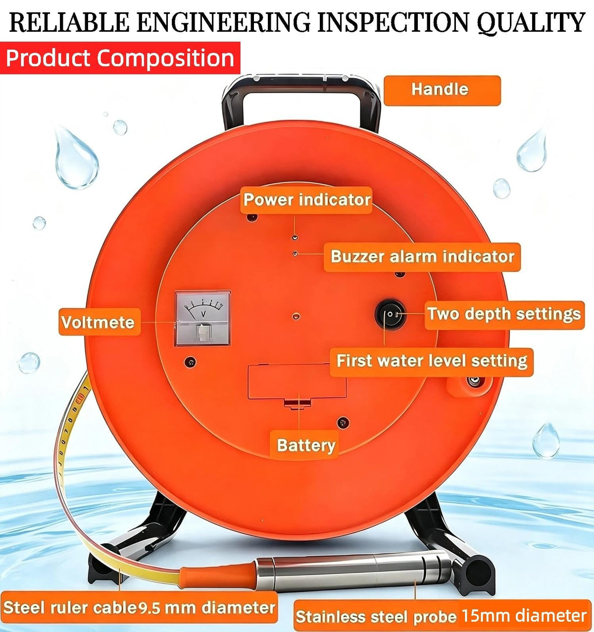 10m(32.8 ft)-500m(1640ft) Water Level Meter Well Waters Depth Meter