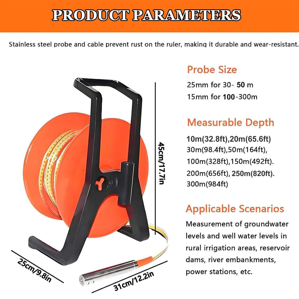 Water Level Meter for Wells & Boreholes, 30m Steel Tape Groundwater Measurement, 0.6/0.98 Inch Probe Diameter, Fixed Probe for Reservoirs & Pipes