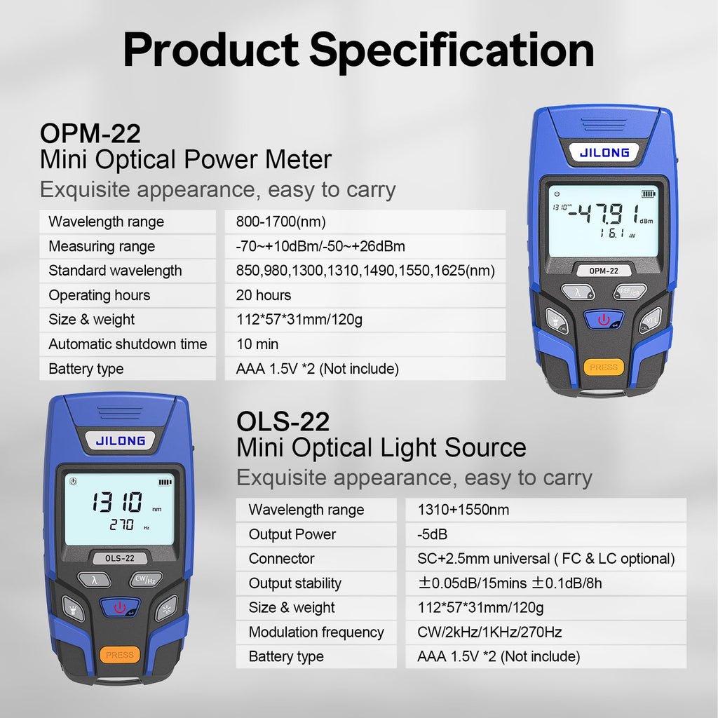 Fiber Optic Termination Kit FTTH Loss Kit JLT-15D +Optical Power Meter with RJ45 Network Testing (-70~+10dB) +1310/1550nm SM Fiber Light Source+200X Magnification Microscope+Cleaning Tools