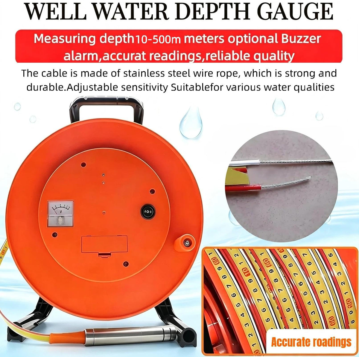 10m(32.8 ft)-500m(1640ft) Water Level Meter Well Waters Depth Meter