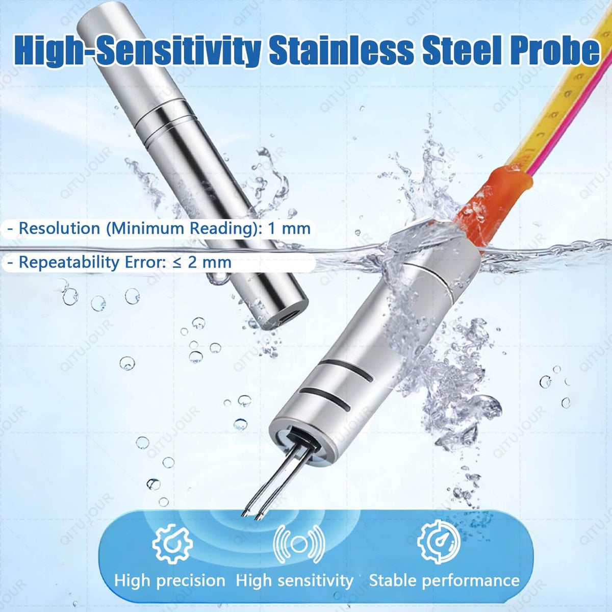 Water Level Meter for Wells, Boreholes, Reservoirs & Pipes, Accurate Measurement Gauge with Fixed Probe and Steel Tape(50m/164ft)