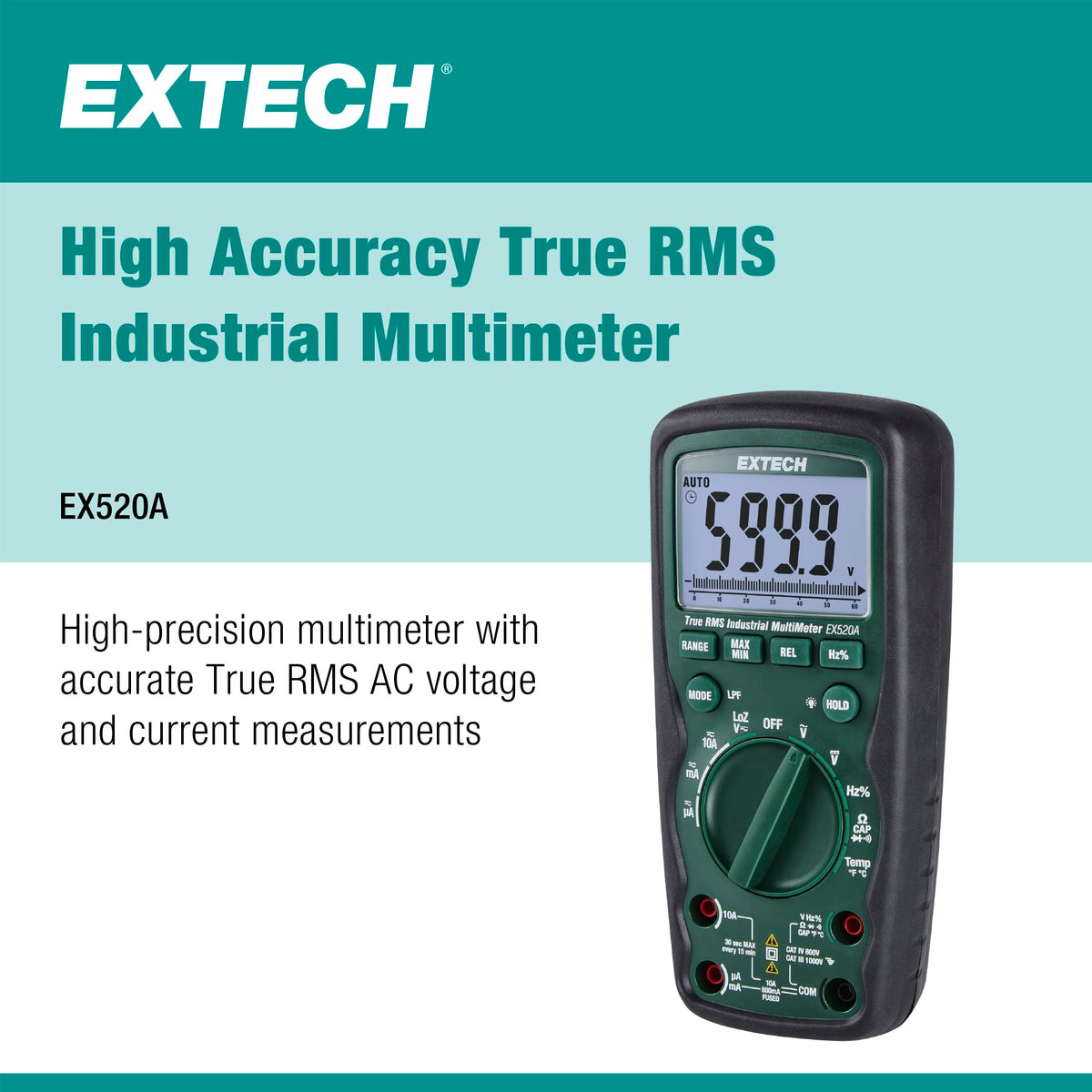 Extech EX520A High Accuracy True RMS Multimeter, 6000 Count, 0.09%