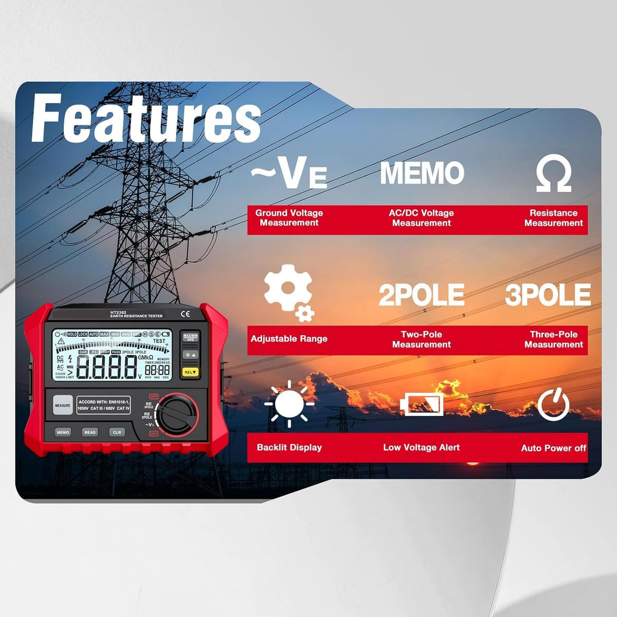 JOSBY 0-4KΩ Grounding Resistance Tester, Insulation Resistance Multi Tester with Screen Backlit Display, Data Storage, 2 Pole& 3Pole Mode, Megohmmeter Multimeter, Auto Shutdown, for Testing Industry