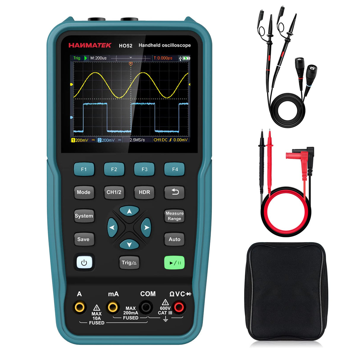 HANMATEK 3 in 1 Handheld Oscilloscope Multimeter with 2 Channels HO52S 3.5"TFT Oscilloscop, 50Mhz Waveform Generator Multimeter Backlit Screen, Auto-Calibration Function, Memory Function, Multi Tester