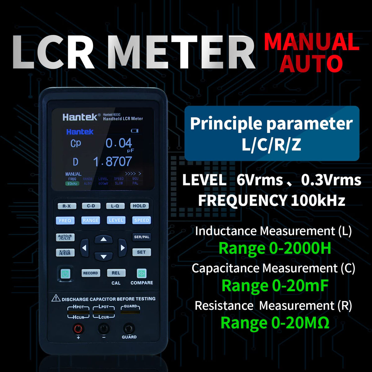 Hantek 1833C Handeld LCR inductance Meter capacitance Meter to Measure Components, Accuracy 0.3% with LCD Display