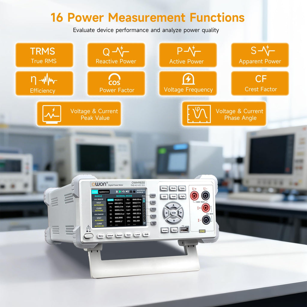 OWON Three-Phase Dual-Channel Digital Power Analyzer OWH9830, Bench Digital Power Meter with 16 Power Measurement Functions, Range 1000V/20A, 0.5% Accuracy, IEC Modes, AC/AC+DC Harmonic Test