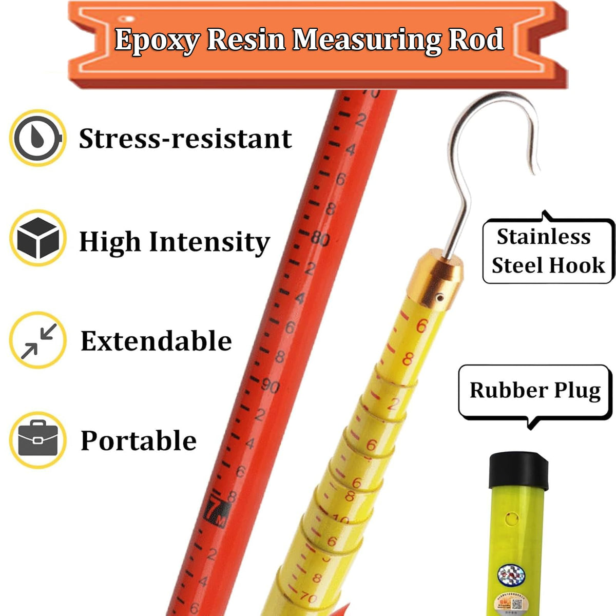 Retractable High-Voltage Height Measuring Pole,Lineman Epoxy Resin Telescoping Height Measuring Stick, 20ft 30ft 40ft 50ft 60ft Electrical Safety Tool Yellow 15m/49.2ft