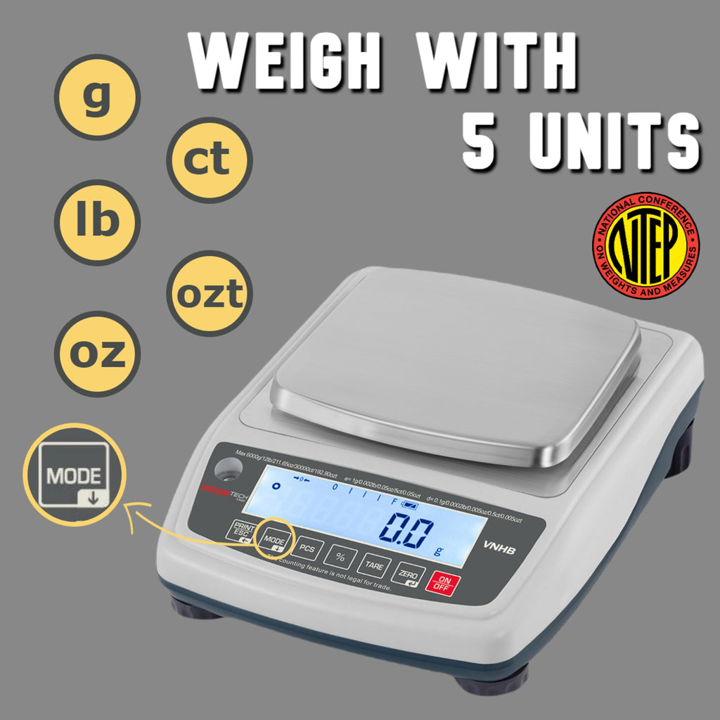 VisionTechShop VNHB-6000 Compact Balance Jewelry and Laboratory Lab Scale, g/lb/oz/ct/ozt Switchable, 6000g Capacity, 1g Readability, NTEP Legal for Trade COC #24-056