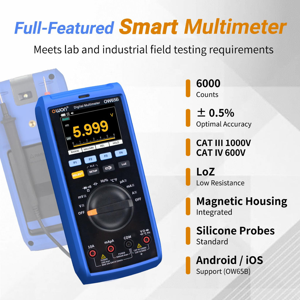 OWON Digital Multimeter, Digital Manual-Ranging 600V AC/DC Voltage Tester, Tests Batteries, Current, Resistance, Diodes, and Continuity (OW65)