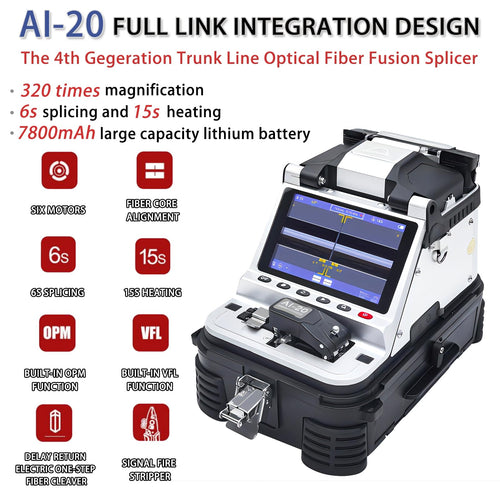 AI-20 Fiber Fusion Splicer Core Alignment Automatic 6s Splicing Six Motor 15s Heating Built-in VFL & OPM Function with Highly Integrated Cleaver（7800mAh）
