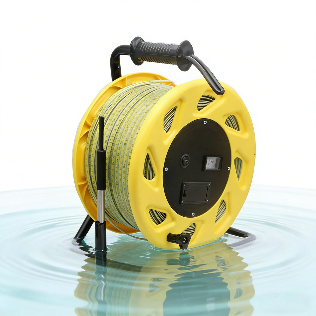 Water Level Meter, Groundwater Depth Gauge Indicator for Deep Wells, 30-300m High-Precision Measurement with Fixed Probe and Steel Tape for Boreholes (Yellow 50m)
