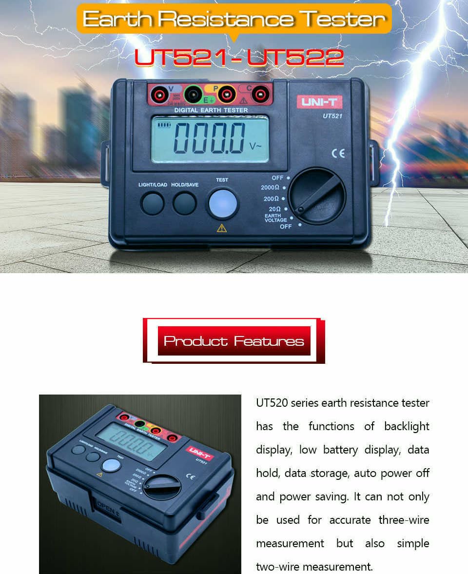 UNI-T UT521 UT522 Digital Earth Tester Ground Resistance AC Earth Insulation Resistance Tester Light Weight Design Ground Resistance Tester Ground Resistance Voltmeter(UT522)