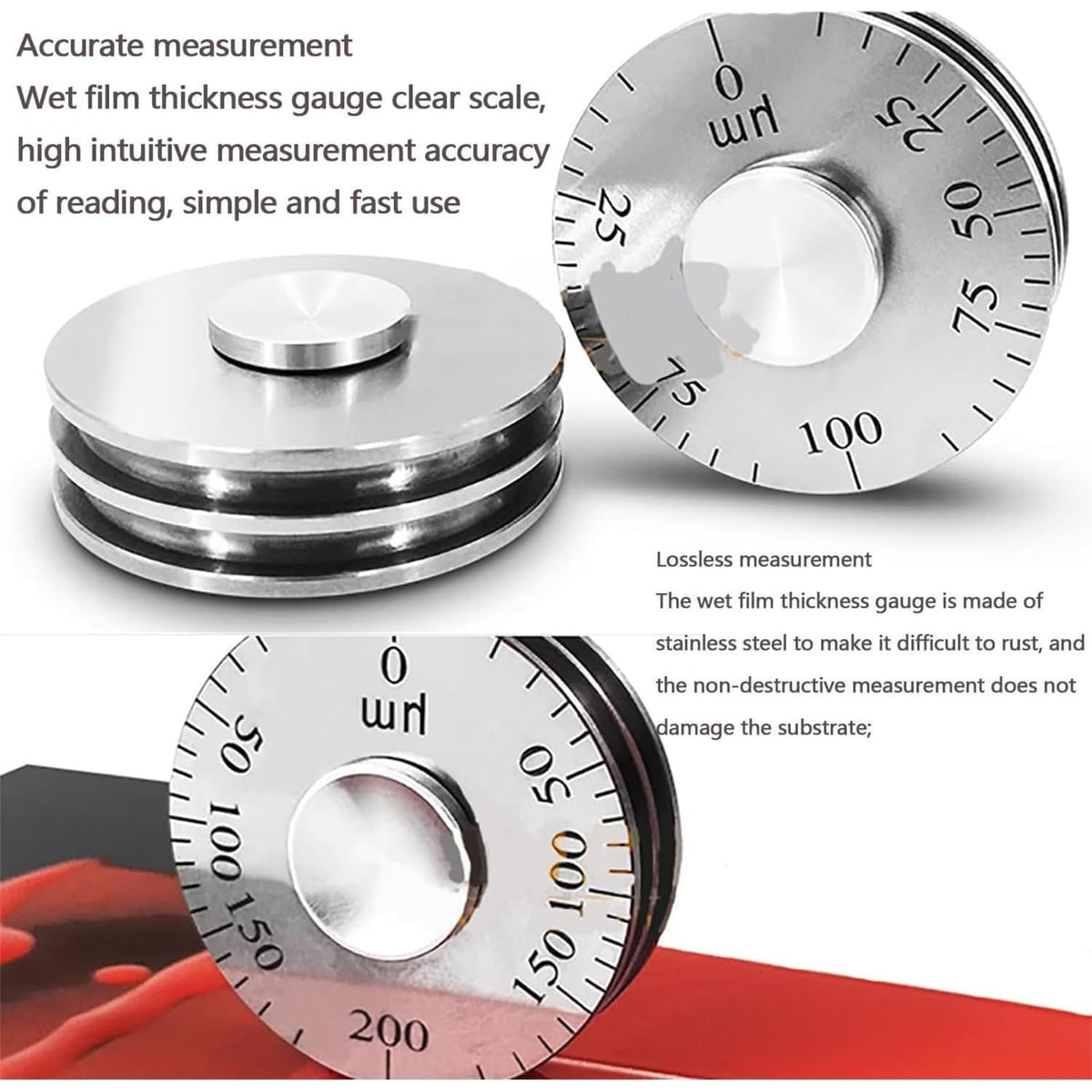 Wheel Type Wet Film Gauge, Stainless Steel Wet Film Thickness Gauge with Clear Scale, 0-25μm Measuring Range and 1μm Grading Value, Accurate Measurement and Easy to Read, for Paint Layer