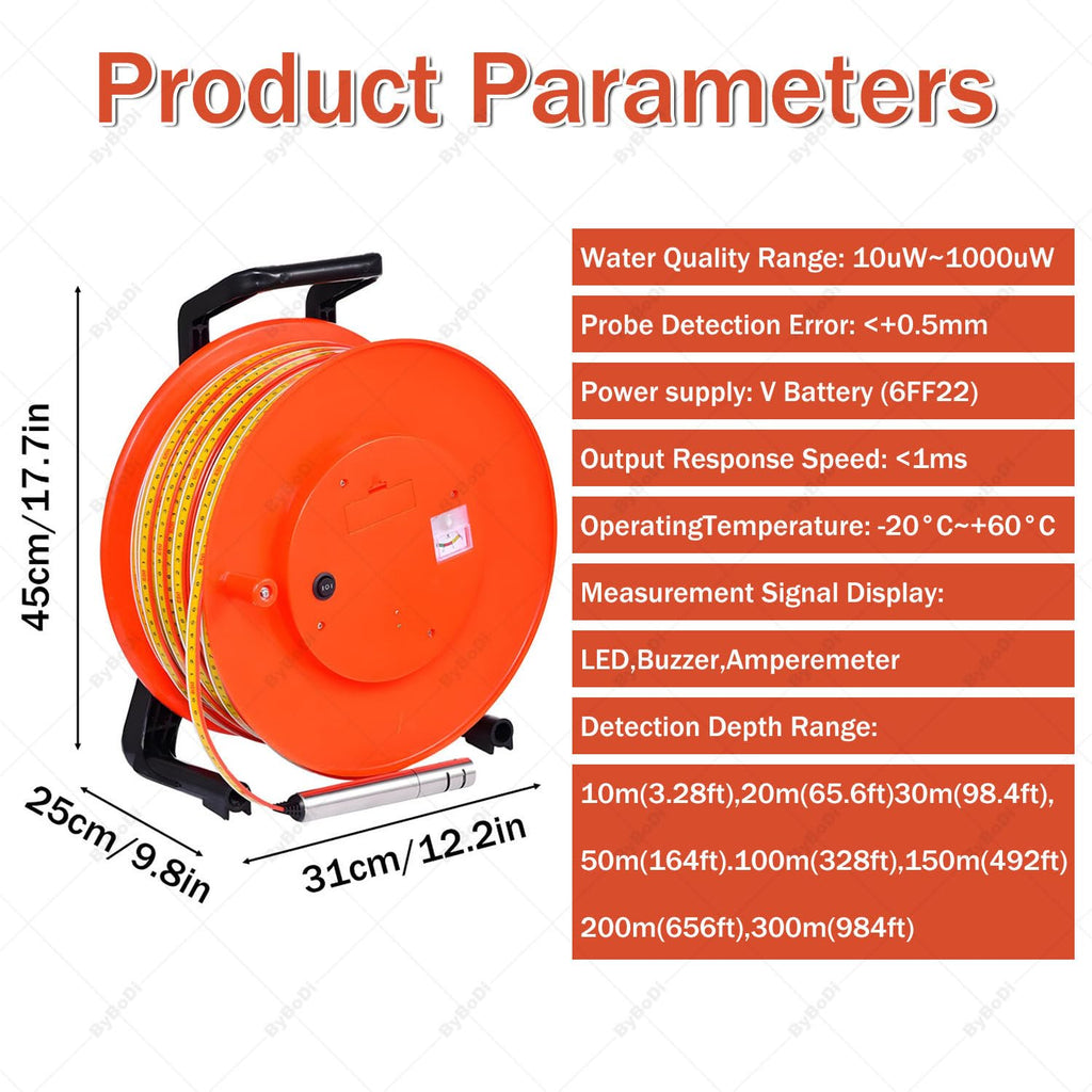 Well Water Depth Gauge,Electronic Waters Meters Measurement Tool with 0.59 Inch Probe and Steel Tape,with Stainless Steel Probe and Steel Tape,for Well,Boreholes,Reservoirs(50m(164ft))