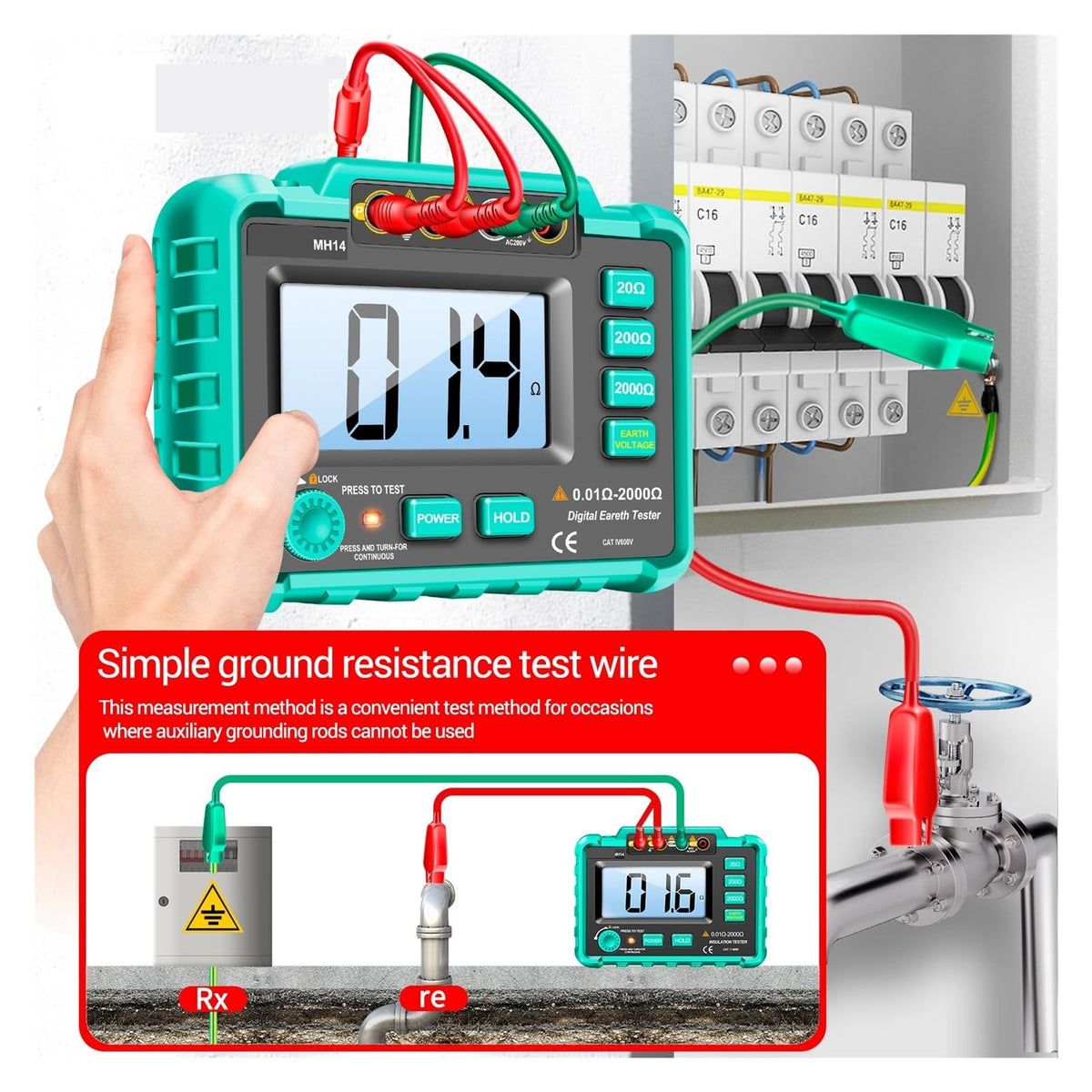 Resistance Meter, MH14 Electrical Insulation Resistance Tester Digital High-Precision Resistance Grounding Measuring Meter