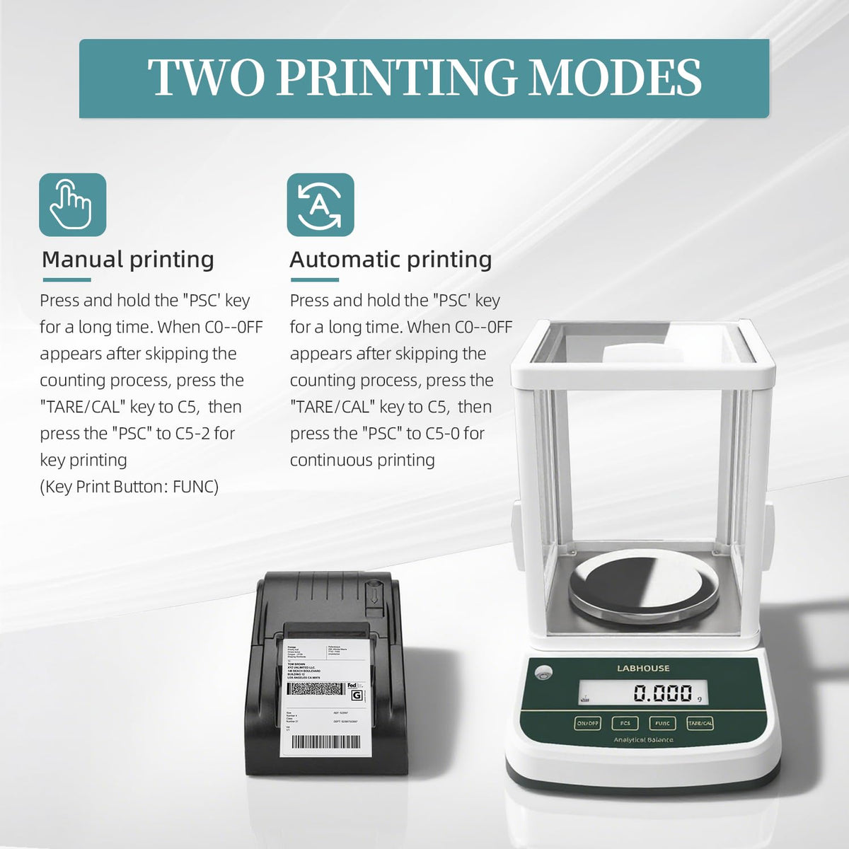 Digital Analytical Balance(Dual Display) High Precise 1mg 200g Lab Scale External Calibration, 200g/0.001g + 58MM Thermal Line Printer, RS-232 Serial Interface