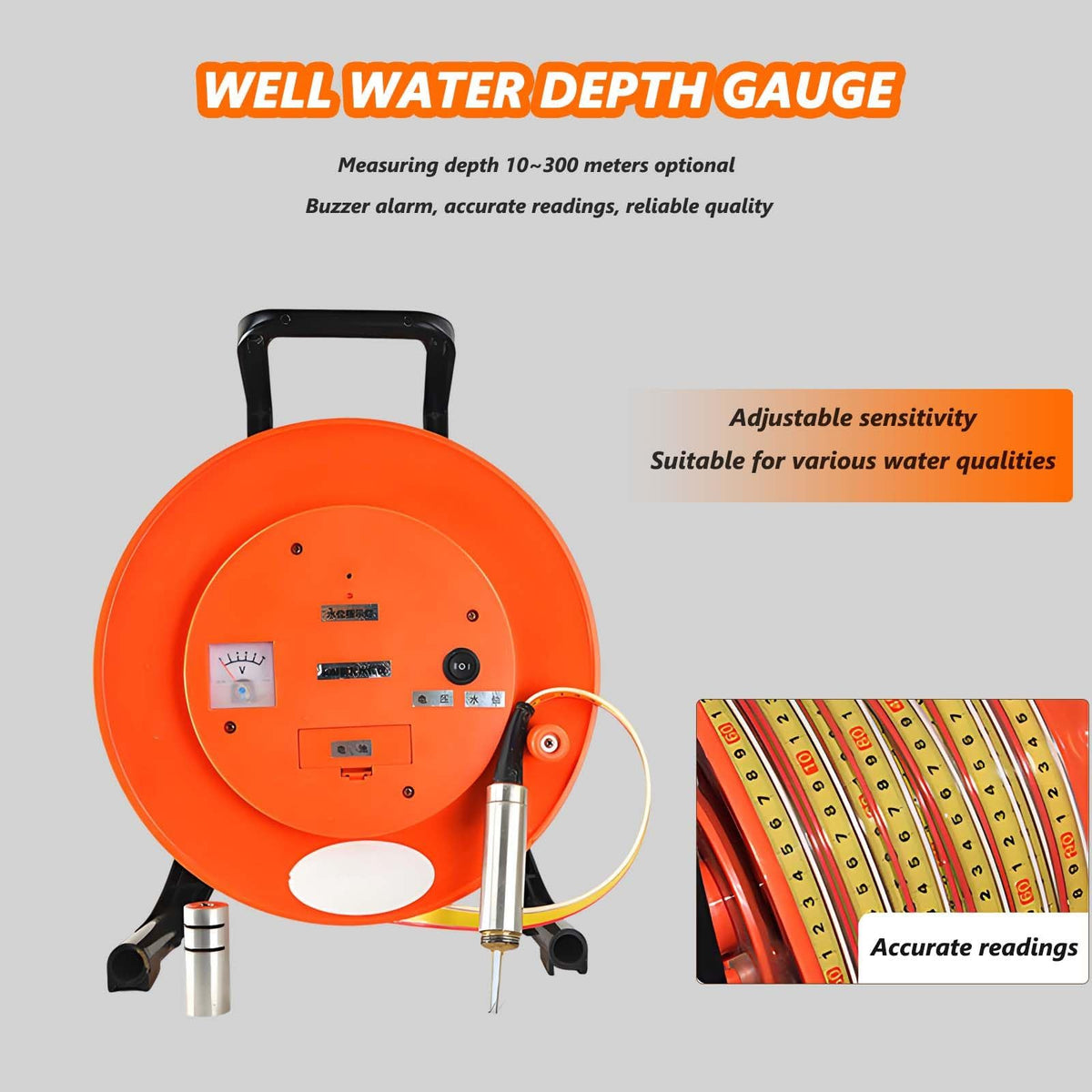 10-300m Portable Deep Well Water Level Meter, Stainless Steel Probe, Borehole Measurement Tool for Well Repair, Peak Display & Indicator Light, Accurate Depth Measurement