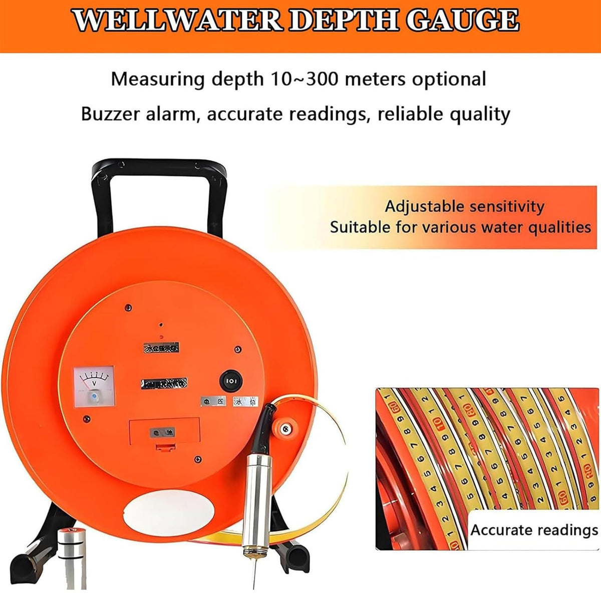 Water Level Meter & Indicator, 250m Depth Gauge with Fixed Probe & Steel Tape for Wells, Boreholes, Reservoirs & Pipes - Accurate Water Level Measurement Tool
