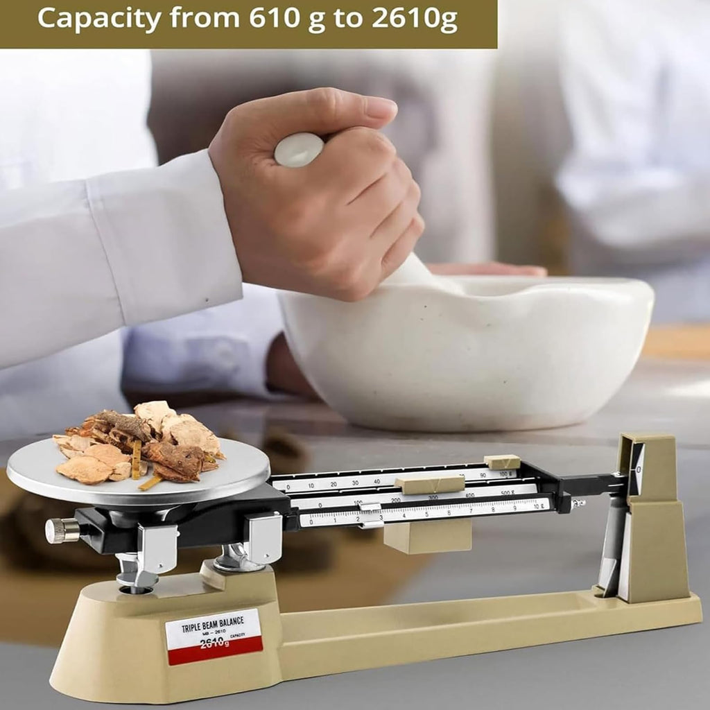 Triple Beam Mechanical Balance Scale, Precision Mechanical Balance Scale with 3 Weights, Weighing Range 0.1g-2610g and Accuracy 0.1g, Durable and Clear, for School, Factories, Laboratory