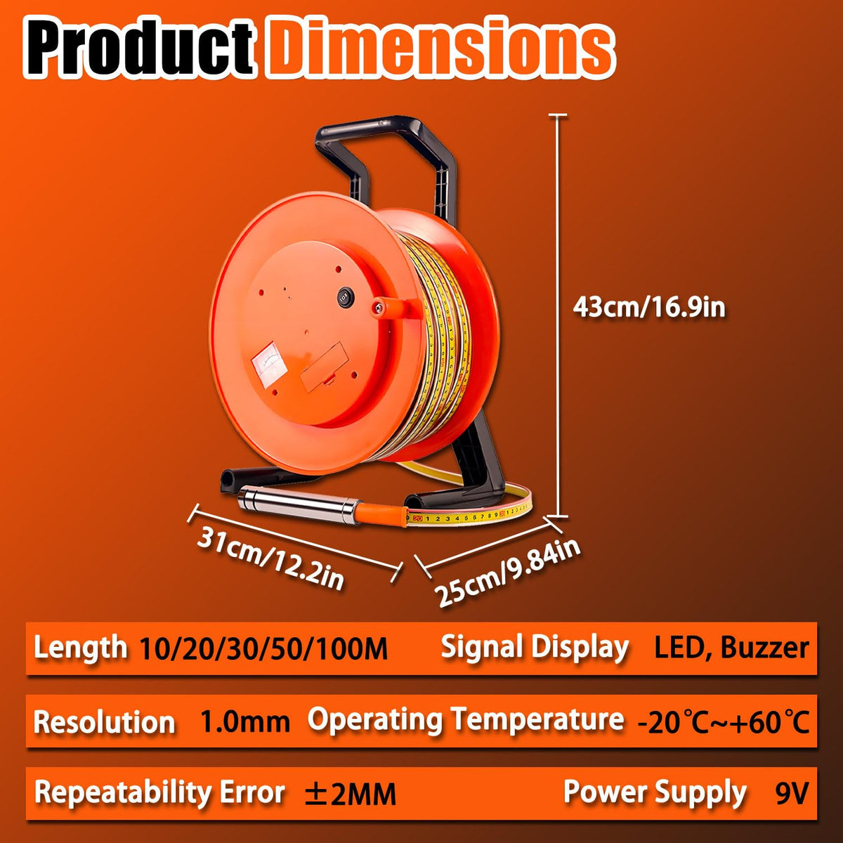 Water Level Meter with Cable Reel, Stainless Steel Probe, Accurate Depth Detector for Industrial Liquid Level Testing, Durable and Reliable Measurement Tool