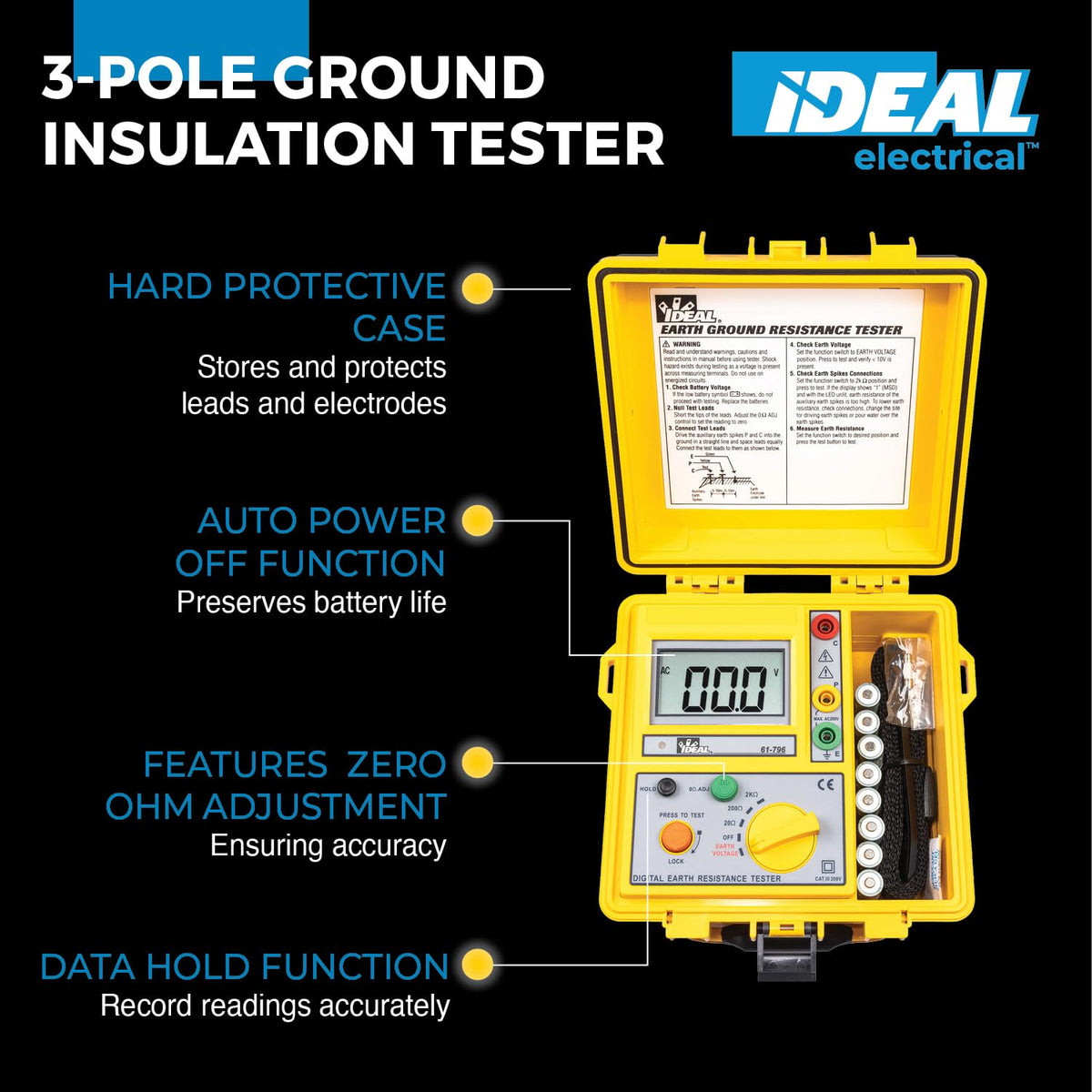 Ideal Electrical: 3-Pole Ground Resistance and Voltage Testers, Auto-Range