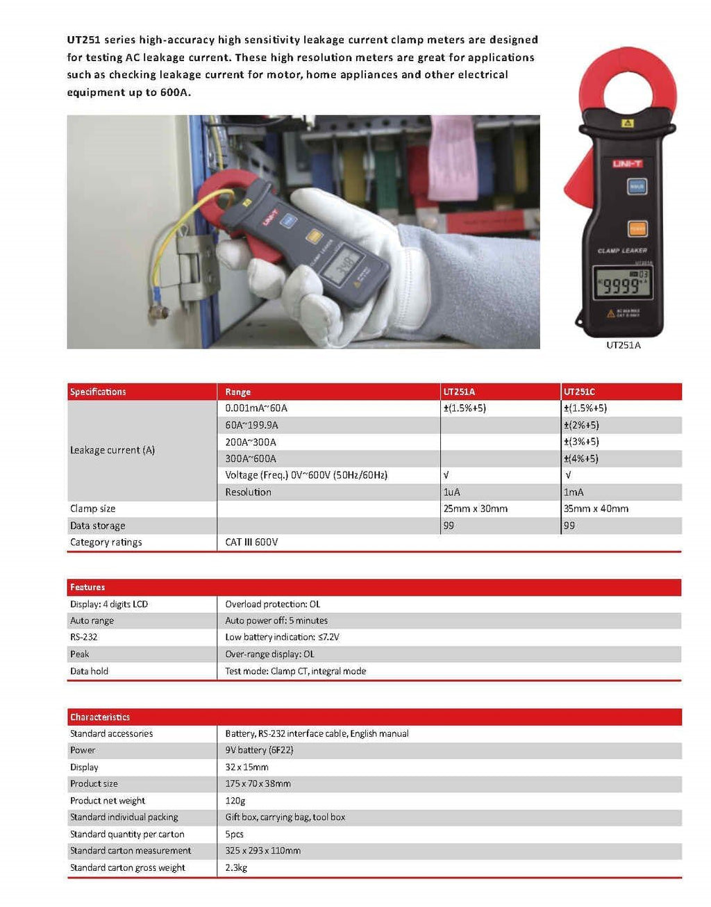 UNI-T Uni-Trend Multimeter clamp Meter UT251A UT251C UT253A Current Leakage clamp Meter Digital Detector High Accuracy Sensitivity Amp Amperometric Leak Tester(UT251A)