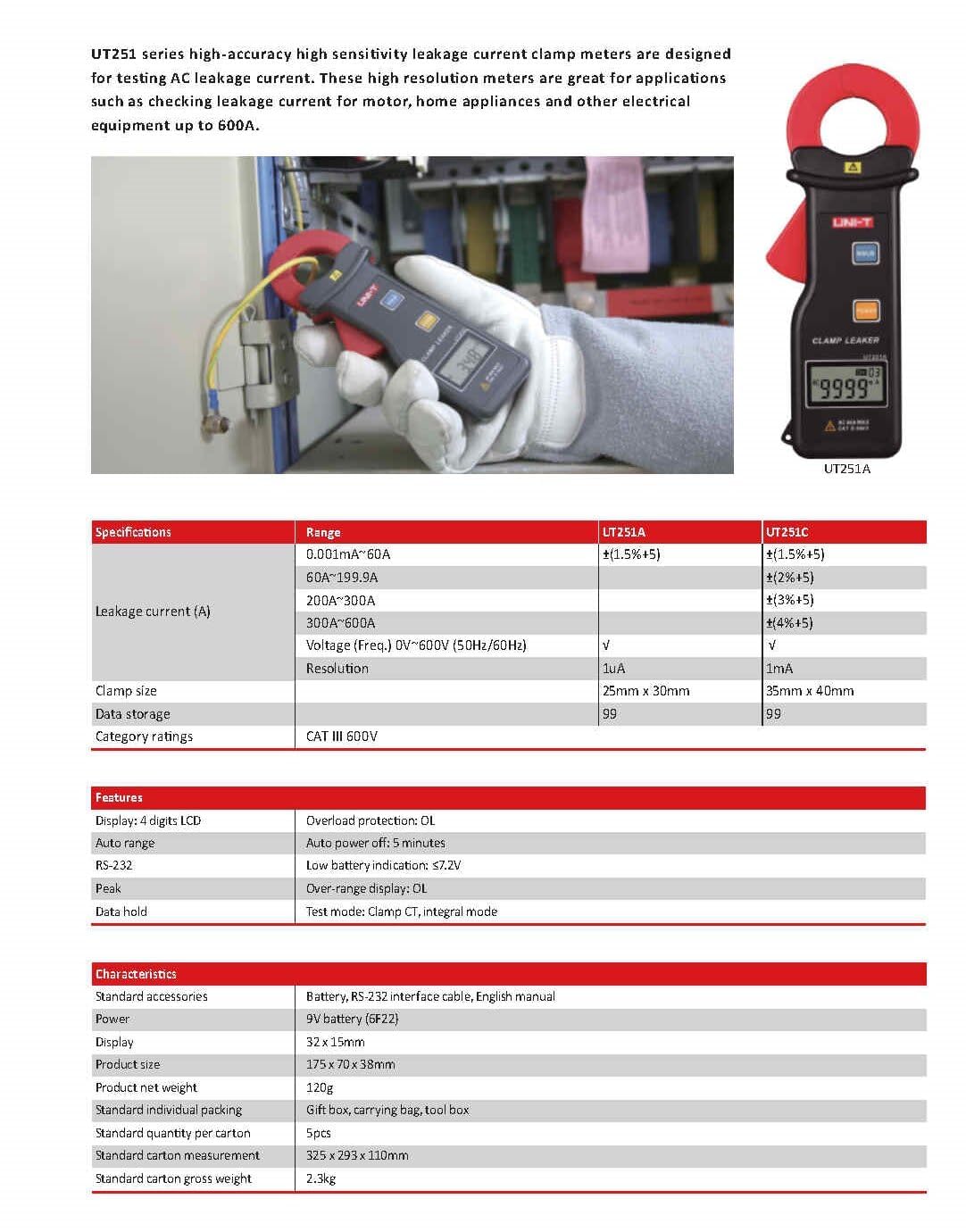 UNI-T Uni-Trend Multimeter clamp Meter UT251A UT251C UT253A Current Leakage clamp Meter Digital Detector High Accuracy Sensitivity Amp Amperometric Leak Tester(UT251A)
