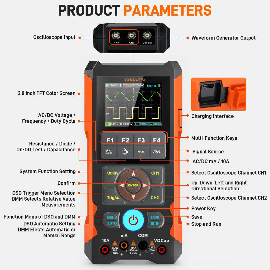 3-in-1 Handheld Oscilloscope Multimeter, 2-CH 80MHz 200MSa/s