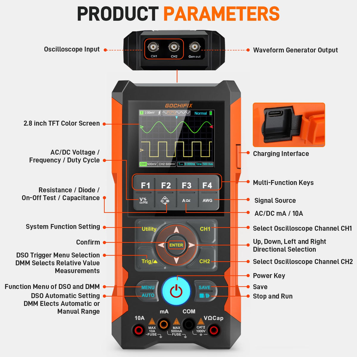 3-in-1 Handheld Oscilloscope Multimeter, 2-CH 80MHz 200MSa/s