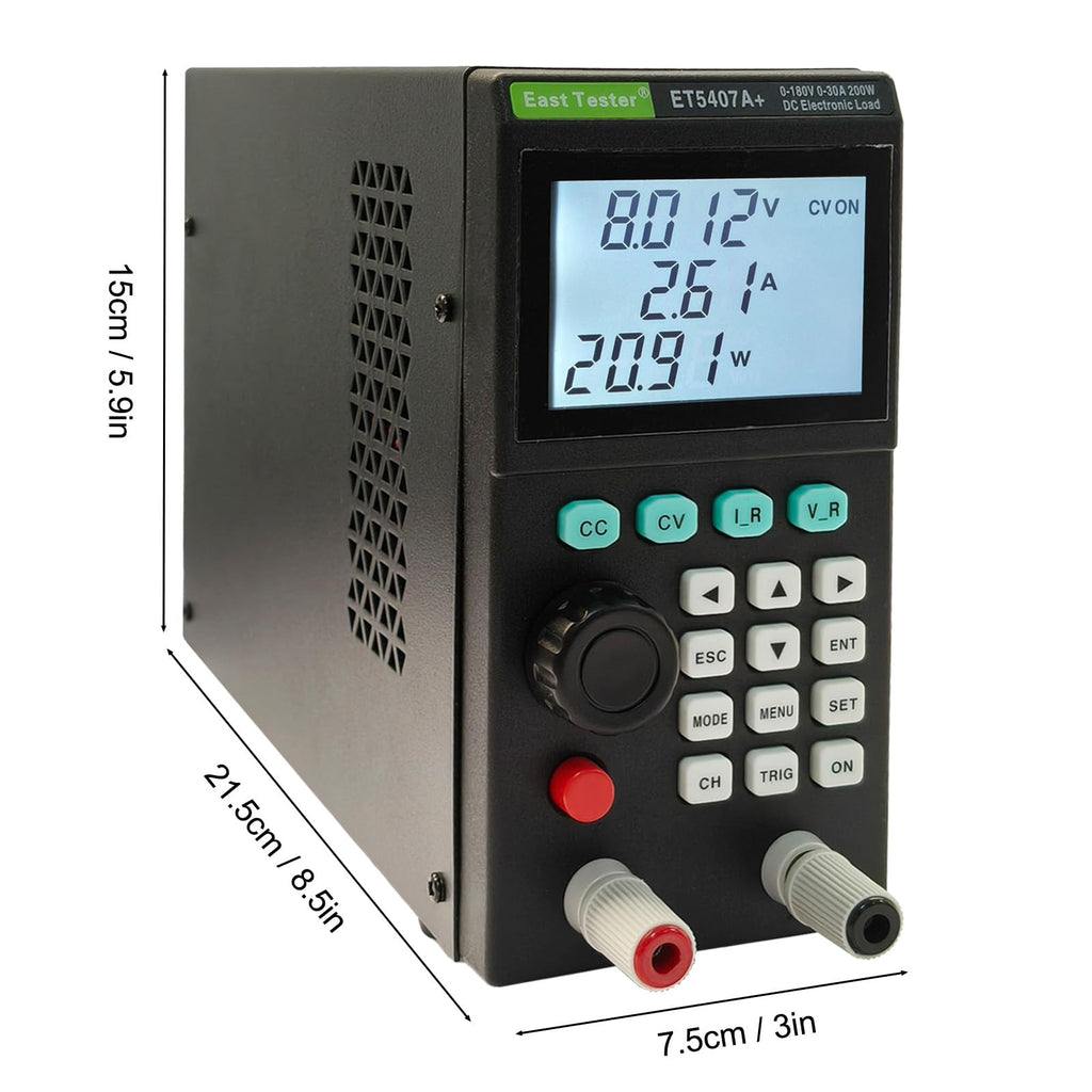 ET5407A+ 200W Programmable DC Electronic Load Tester 0–180V 0–30A Battery Power Supply Tester with CC/CV/CR/CP Modes High-Accuracy 1mV/1mA USB Remote Control LCD Display for Lab R&D EV DIY Electronics