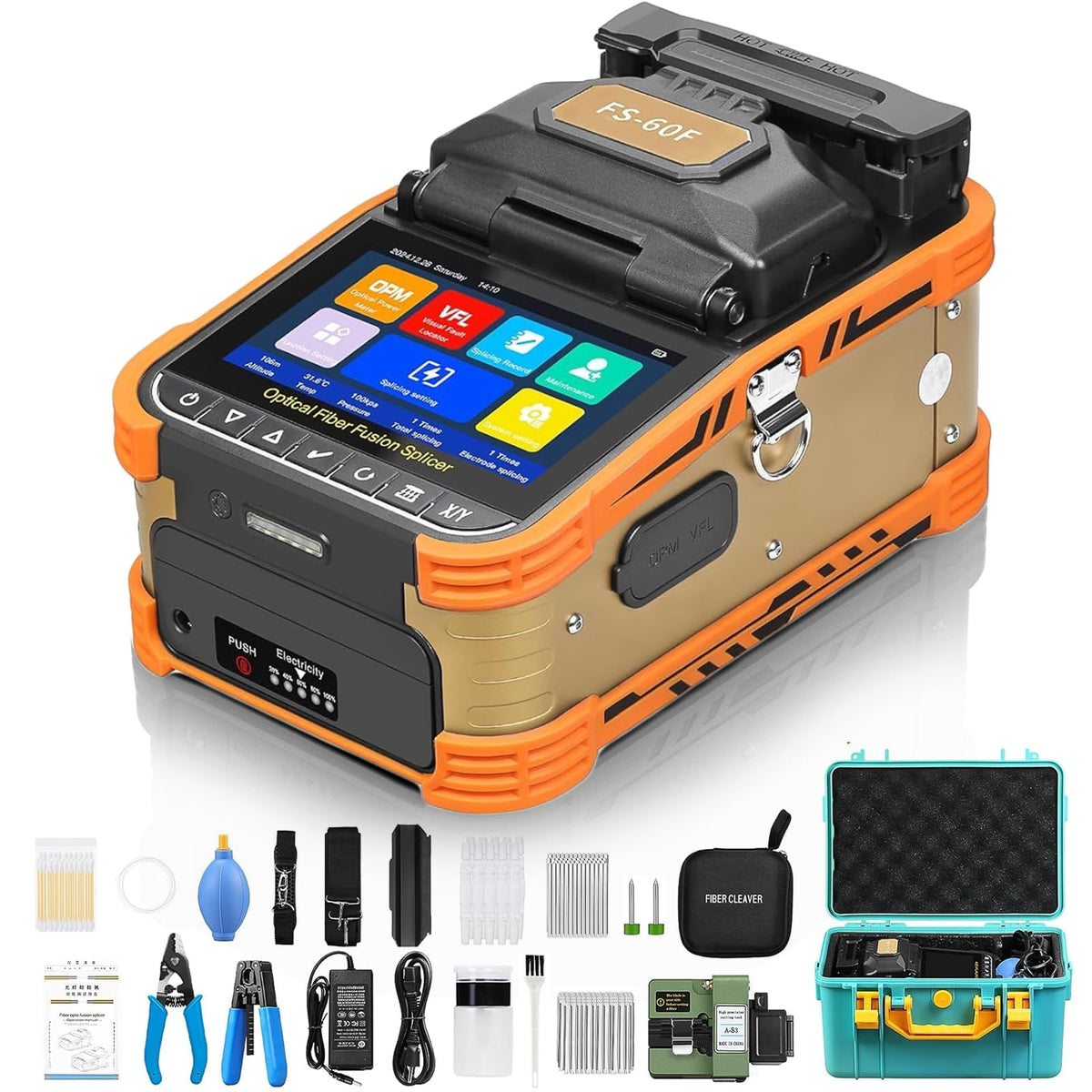 Fiber Fusion Splicer FS-60F w/6 Motors,Core Alignment Fusion Splicer, 8s Splicing,18s Heating,with 5-inch Touch Screen,7800mAh Large Capacity Battery, AUTO FTTH Welding, for Trunk Line Construction