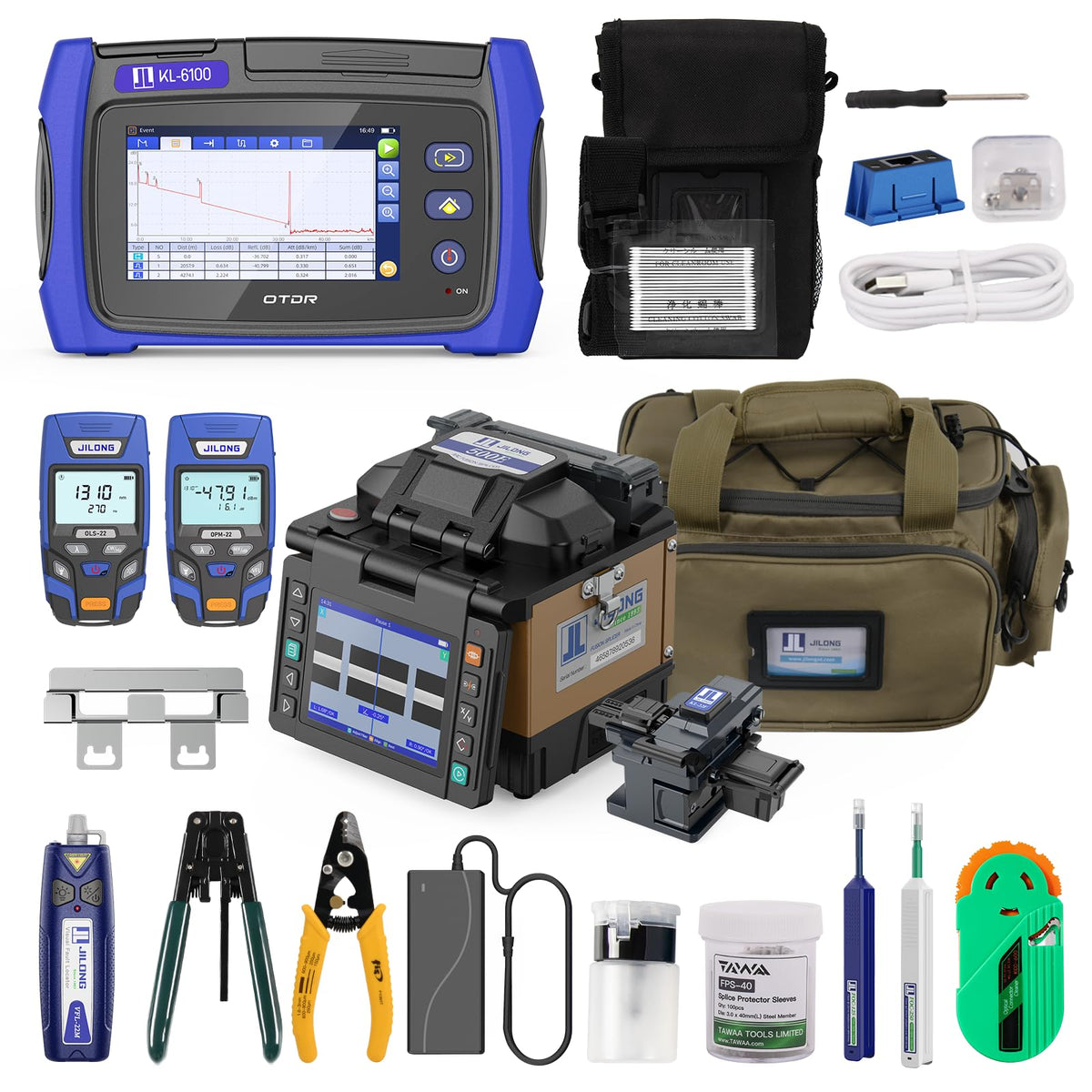 1310 1550nm 26 24dB Multi-Functional JILONG OTDR with OPM OLS V-F-L and Fiber Optical Fiber Fusion Splicer Core Alignment Splicing Loss 0.01dB Electrodes 48000 Times