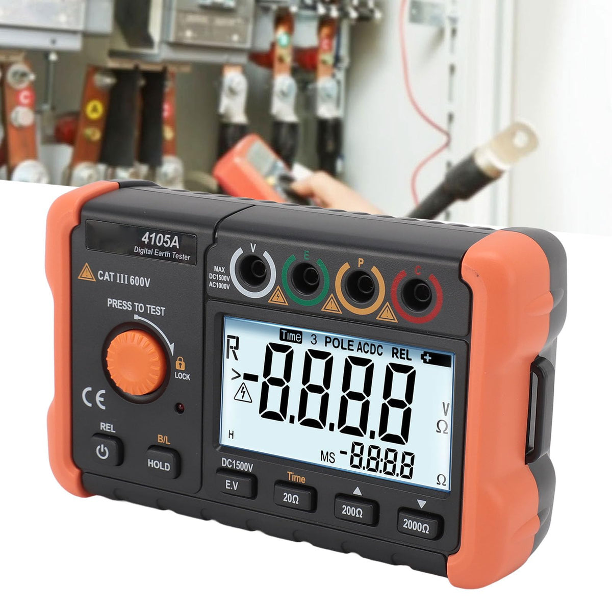 VC4105A Ground Resistance Meter LCD Backlit Earth Resistance Tester with 5 Test Cables for Electricians Engineers Technicians