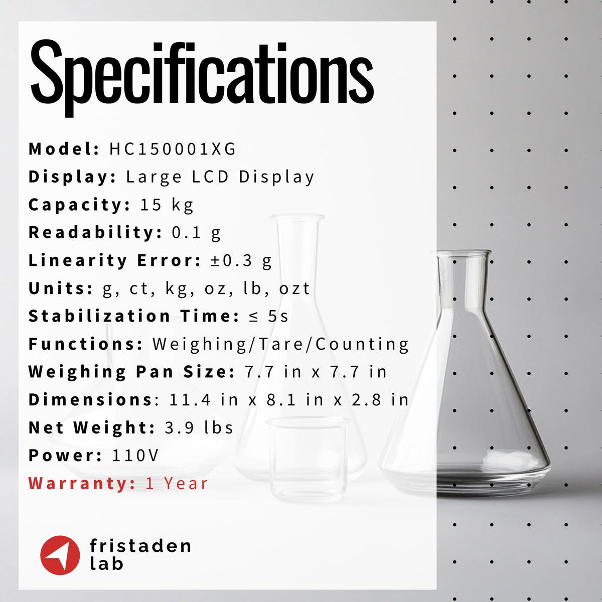 Scale | 15 kg x 0.1 g | USA Company - Large Digital Lab Balance with Professional Load Cell, Metal Support Structure & Thorough Calibration - Use as a Scientific or Chemistry Scale.