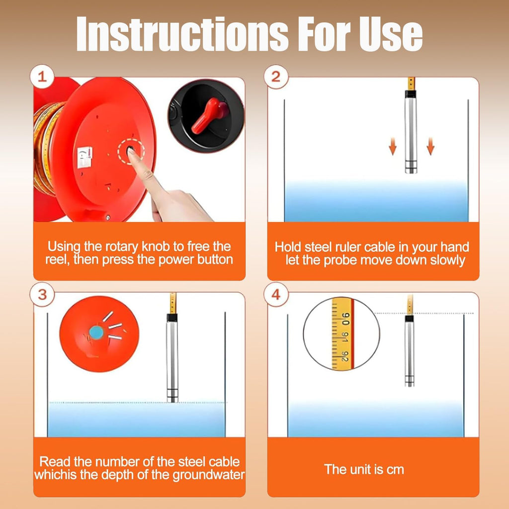 Well Water Depth Meter, Stainless Steel Probe & Steel Tape Indicator, Peak Display for Deep & Shallow Wells, Accurate Level Measurement up to 50m (164ft)