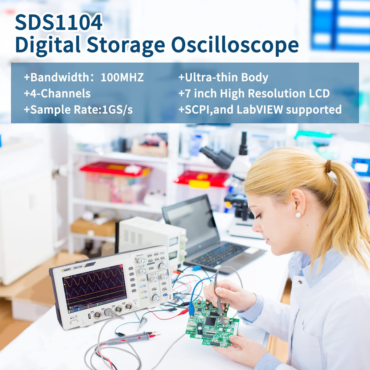 OWON 100Mhz Digital Oscilloscope SDS1104, 7 inch LCD Digital Storage oscilloscope Support SCPI, and LabVIEW,1GS/s 4 Channels Standard Decoder