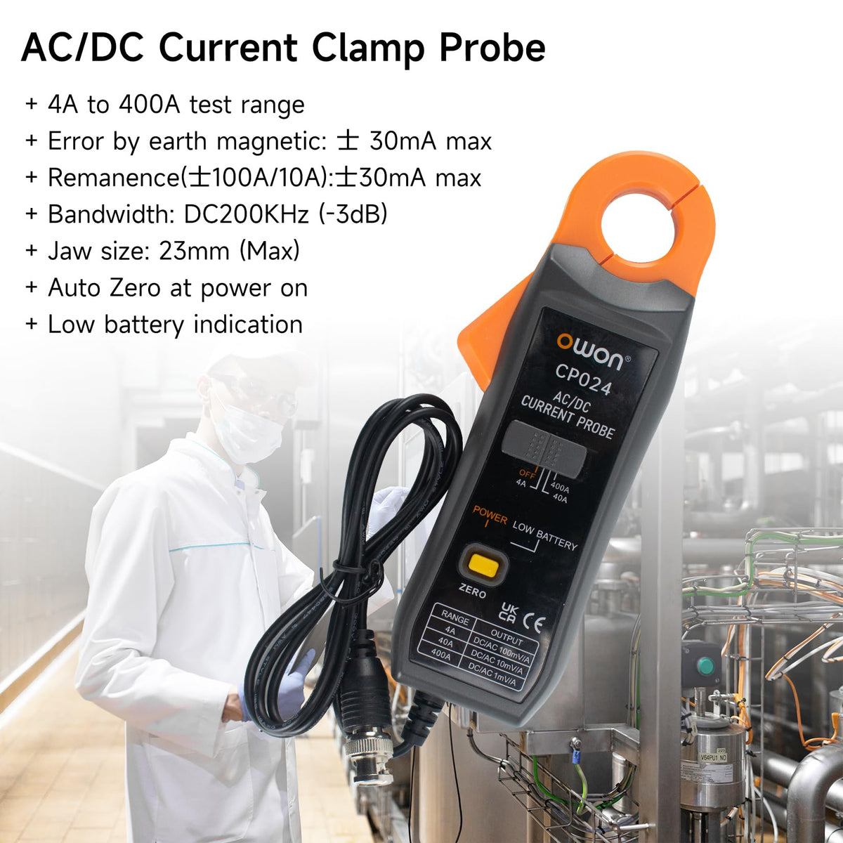 OWON CP024 AC/DC Current Probe for Oscilloscope, Current Clamp Probe 200KHz Bandwidth 4A, 40A, 200A, 300-400A Test Range, Current Tester Clamp Meter with BNC Type Connector