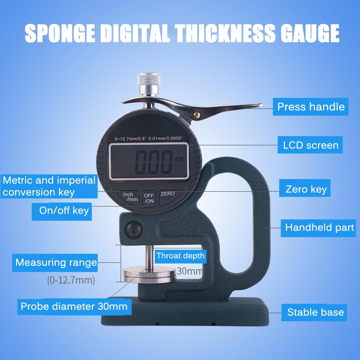 Sponge Digital Display Thickness Gauge, Digital Thickness Tester 0-10mm, 30mm Probe Diameter, Large LCD Display, Thumb-Pressure Measurement, Fast and Efficient for Sponge Paper Cardboard
