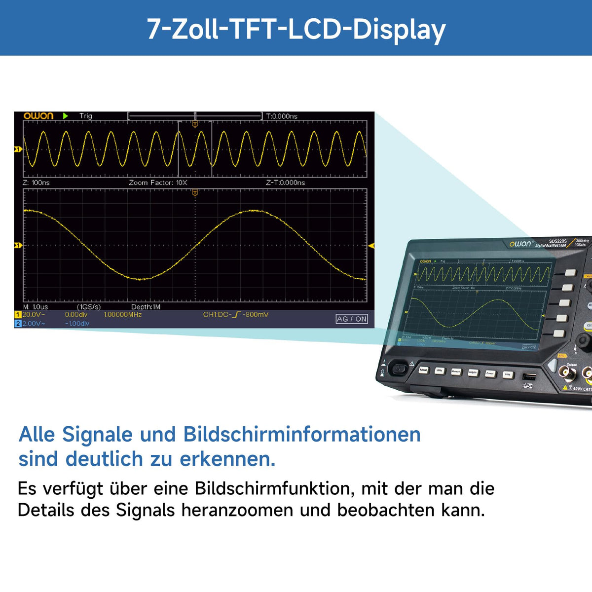 OWON Digital Oscilloscope with Dual-Channel Channels and Screen 7 inch, TFT-LCD Display, Portable Oscilloscope with 1GS/s Sampling Rate, Bandwidth 200MH,8K Waveform Length,SDS220S