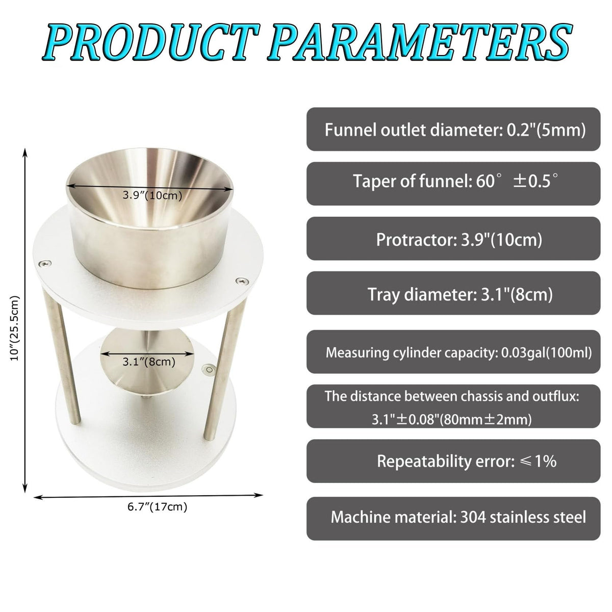 Stainless Steel Repose Angle Tester, High Precision Angle Measurement Device, Natural Acclivity Repose Angle Measuring Instrument, Funnel Taper 60º±0.5º for Experiments