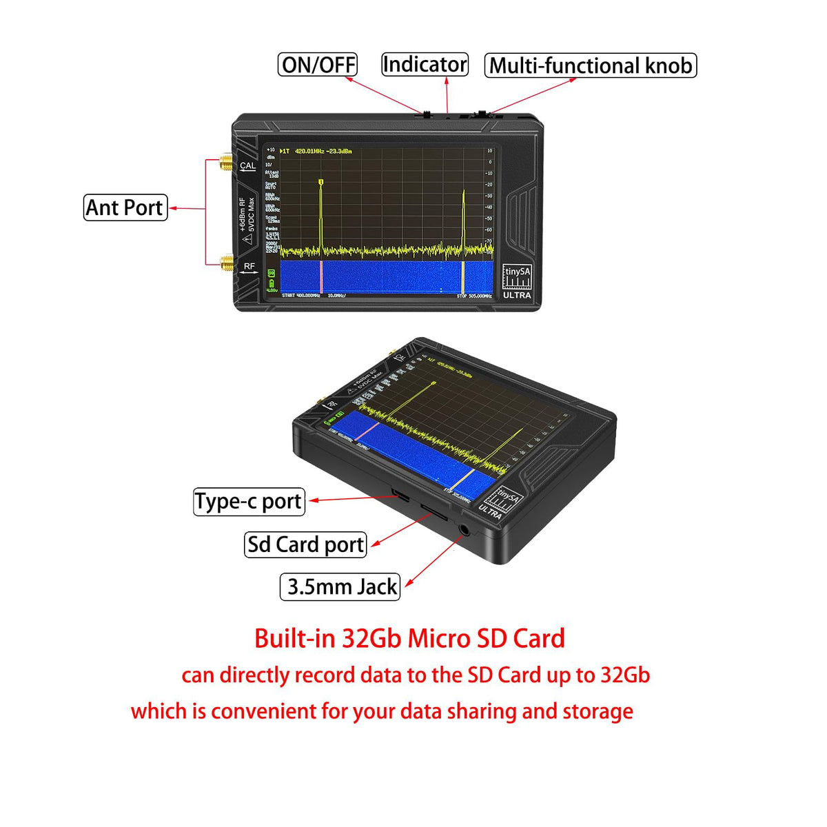 2026 TinySA Ultra Spectrum Analyzer 100kHz~5.3GHz 4.0 Inch Handheld Tiny Portable Frequency Analyzer Bulit-in Battery